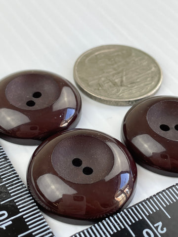 ONE SET ONLY: Vintage 3 x shiny dark brown bakelite? plastic 2-hole buttons 28mm