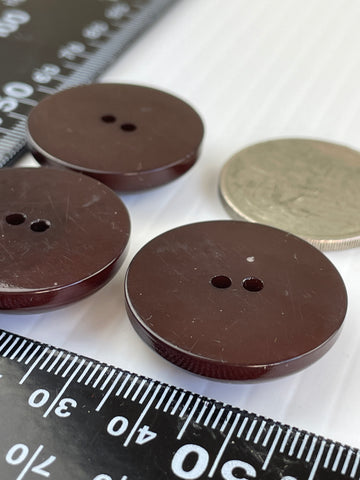 ONE SET ONLY: Vintage 3 x shiny dark brown bakelite? plastic 2-hole buttons 28mm