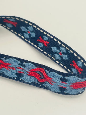 1.5m LEFT: Vintage? Woven flower power cotton trim ribbon w/ navy base 1cm wide