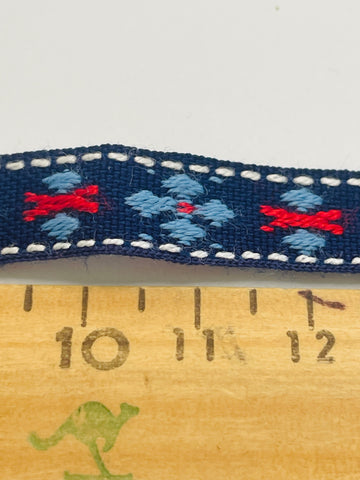 1.5m LEFT: Vintage? Woven flower power cotton trim ribbon w/ navy base 1cm wide
