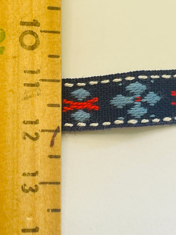 1.5m LEFT: Vintage? Woven flower power cotton trim ribbon w/ navy base 1cm wide