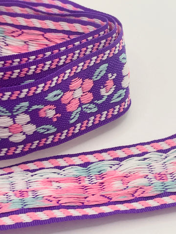 1m LEFT: Vintage? Woven flower power cotton trim w/ purple base