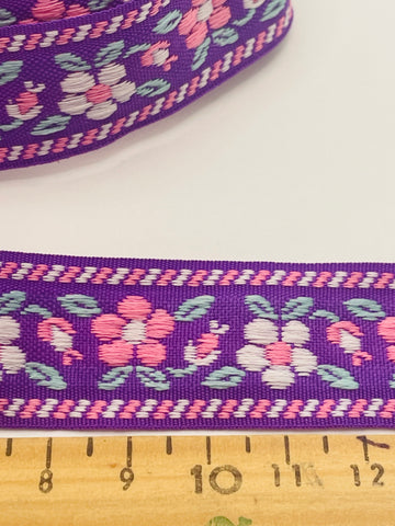 1m LEFT: Vintage? Woven flower power cotton trim w/ purple base