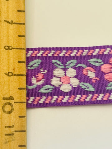 1m LEFT: Vintage? Woven flower power cotton trim w/ purple base