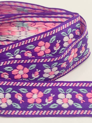 1m LEFT: Vintage? Woven flower power cotton trim w/ purple base