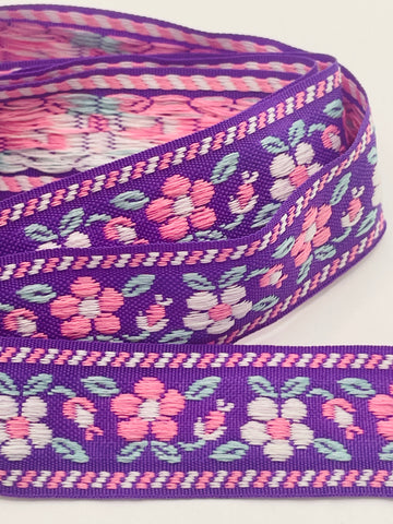 LAST 50cm: Vintage? Woven flower power cotton trim w/ purple base