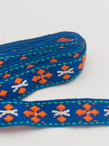 Vintage? Woven Cotton Trim Flower Power w/ Cobalt Base 10mm Wide