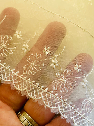 6.5m LEFT: Vintage heirloom sheer nylon scalloped trim 14.5cm wide