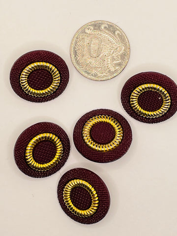 ONE SET ONLY: vintage faux maroon plastic gold circle plastic shank button 23mm