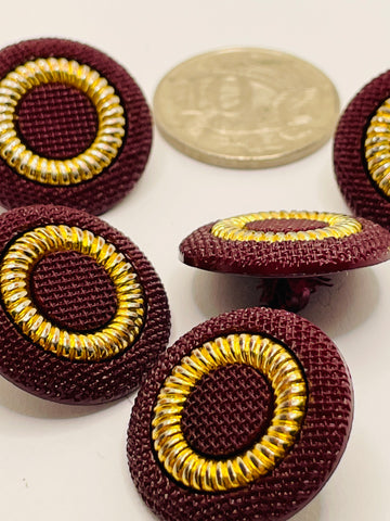 ONE SET ONLY: vintage faux maroon plastic gold circle plastic shank button 23mm