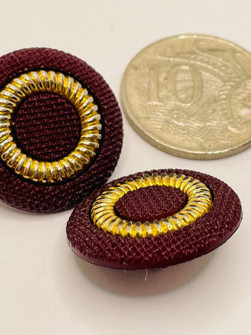 ONE SET ONLY: vintage faux maroon plastic gold circle plastic shank button 23mm