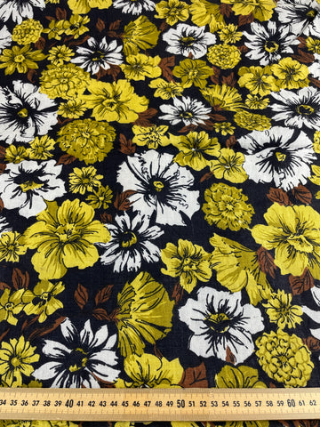 LAST 1/2m: Vintage Fabric Rare Mid-Century 1950s Linen w/ Bold Floral on Black