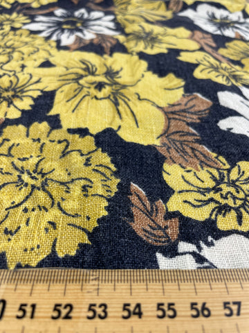 1m LEFT: Vintage Fabric Rare Mid-Century 1950s Linen w/ Bold Floral on Black