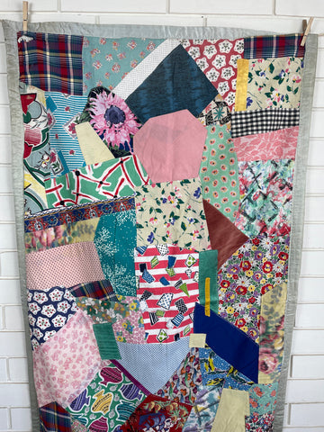 ONE ONLY: Uuper Rare Mid-Century 30s Onwards Handmade Crazy Patchwork Quilt 87cm x 156cm