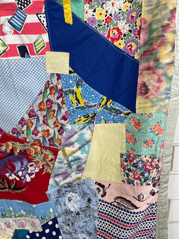 ONE ONLY: Uuper Rare Mid-Century 30s Onwards Handmade Crazy Patchwork Quilt 87cm x 156cm