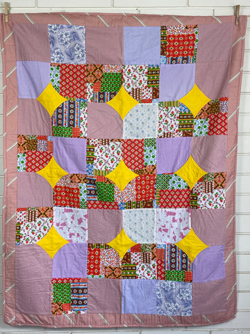 ONE ONLY: Modern Handmade Patchwork Quilt Fabulous 70s 80s Vintage Fabrics  100cm x 128cm