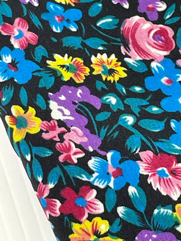 1.5m LEFT: Vintage Fabric 80s 90s Light Weight Dress Polyester Floral on Black