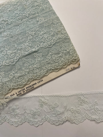 14.5m LEFT: 50s? Vintage mint green cotton rayon intricate needle run lace trim 5.5cm wide