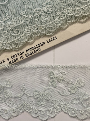 10m LEFT: 50s? Vintage mint green cotton rayon intricate needle run lace trim 5.5cm wide