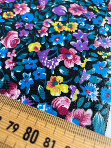 1.5m LEFT: Vintage Fabric 80s 90s Light Weight Dress Polyester Floral on Black