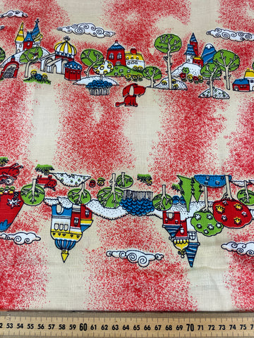 2.5m LEFT: Vintage Fabric 1970s Novelty Cotton w/ Town Landscape