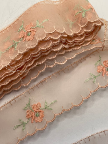 Vintage Trim Mid-Century 40s 50s Swiss Nylon Peachy Pink w/ Embroidered Flowers 27mm Wide