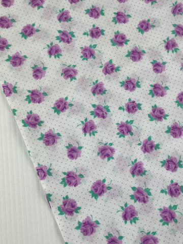 2m LEFT: Vintage Fabric 1980s Light Weight Cotton w/ Purple Flowers Tiny Dots