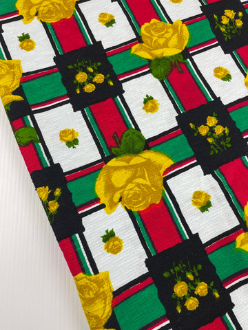 1.5m LEFT: Vintage Fabric 1970s? Textured Cotton w/ Yellow Roses on Check