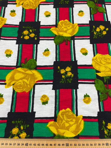 1.5m LEFT: Vintage Fabric 1970s? Textured Cotton w/ Yellow Roses on Check