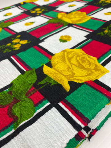 1.5m LEFT: Vintage Fabric 1970s? Textured Cotton w/ Yellow Roses on Check