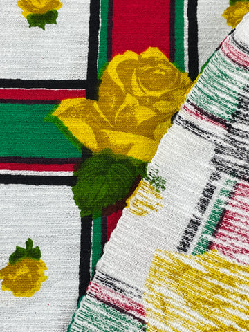 1.5m LEFT: Vintage Fabric 1970s? Textured Cotton w/ Yellow Roses on Check