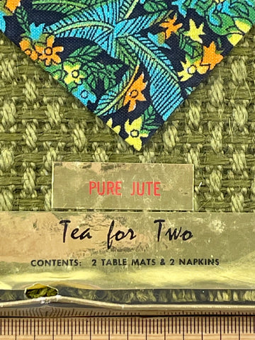 Vintage 1960s 70s 'tea for two' box set green jute place mats + two retro napkins NIB