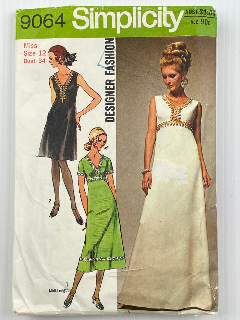 EVENING DRESS IN THREE LENGTHS: Simplicity cut used size 12 bust 34 1970 *9064
