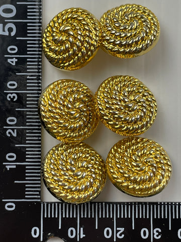 ONE SET ONLY: 6 x slightly domed faux gold metal rope plastic shank buttons 19mm