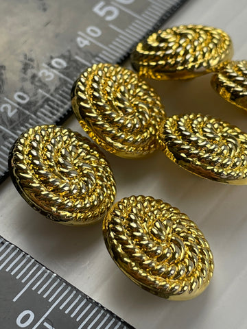 ONE SET ONLY: 6 x slightly domed faux gold metal rope plastic shank buttons 19mm