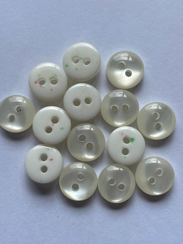 LAST SET: 14 x Vintage White Shiny Plastic Buttons 2-Hole 10mm