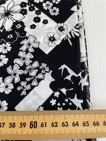 2m LEFT: Vintage Fabric 80s? 90s? Mono Colourway w/ Tropical Flowers + Geometric