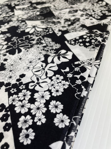 2m LEFT: Vintage Fabric 80s? 90s? Mono Colourway w/ Tropical Flowers + Geometric