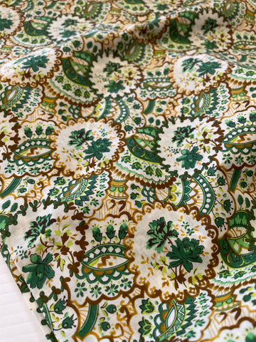 LAST PIECE Early 2010s Swiss Cotton Made In Japan Retro Green Floral On White 108cm x 50cm