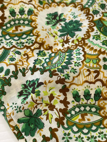 LAST PIECE Early 2010s Swiss Cotton Made In Japan Retro Green Floral On White 108cm x 50cm