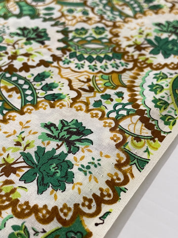 LAST PIECE Early 2010s Swiss Cotton Made In Japan Retro Green Floral On White 108cm x 50cm