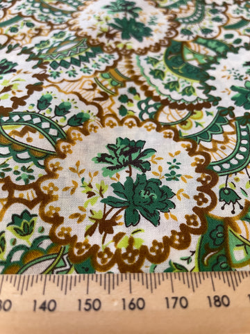 LAST PIECE Early 2010s Swiss Cotton Made In Japan Retro Green Floral On White 108cm x 50cm