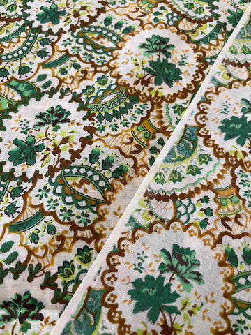 LAST PIECE Early 2010s Swiss Cotton Made In Japan Retro Green Floral On White 108cm x 50cm