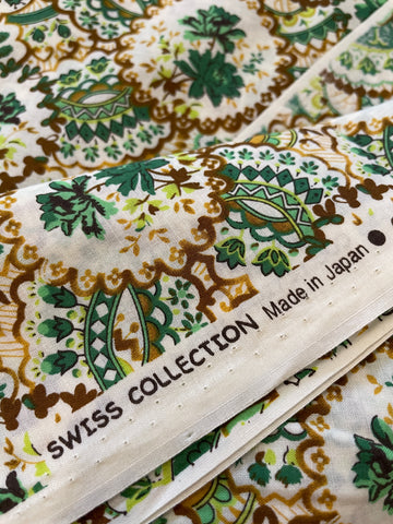 LAST PIECE Early 2010s Swiss Cotton Made In Japan Retro Green Floral On White 108cm x 50cm