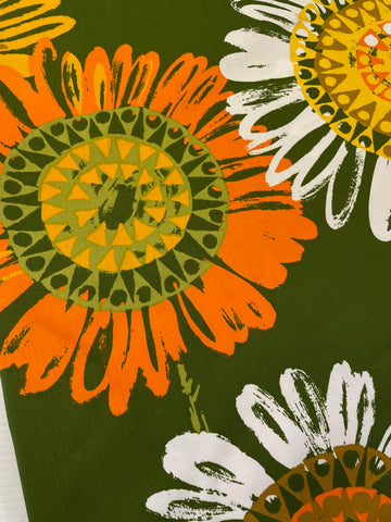 2m LEFT: Vintage Fabric 1960s 70s MCM Super Graphic Bright Sunflowers On Green Cotton