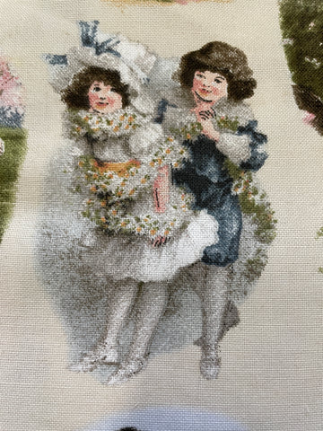 5m LEFT: Modern Fabric Soft Drapery Cotton Blend w/ Old World Kiddies Print 'Hollyhock'