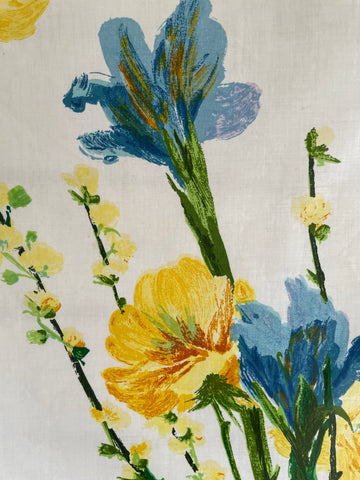 FOUR PATTERN REPEATS LEFT: Divine Vintage 1970s Cotton Chintz Fabric Blue Iris Yellow Rose