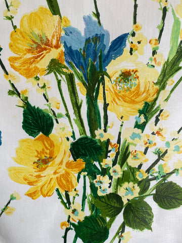 THREE PATTERN REPEATS LEFT: Divine Vintage 1970s Cotton Chintz Fabric Blue Iris Yellow Roses