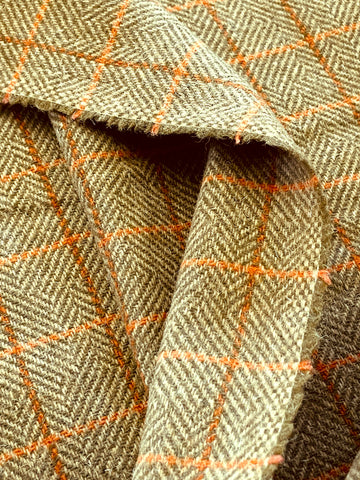 2m LEFT: Vintage Fabric 1970s Mod Wool Greeny Browny w/ Orange Check