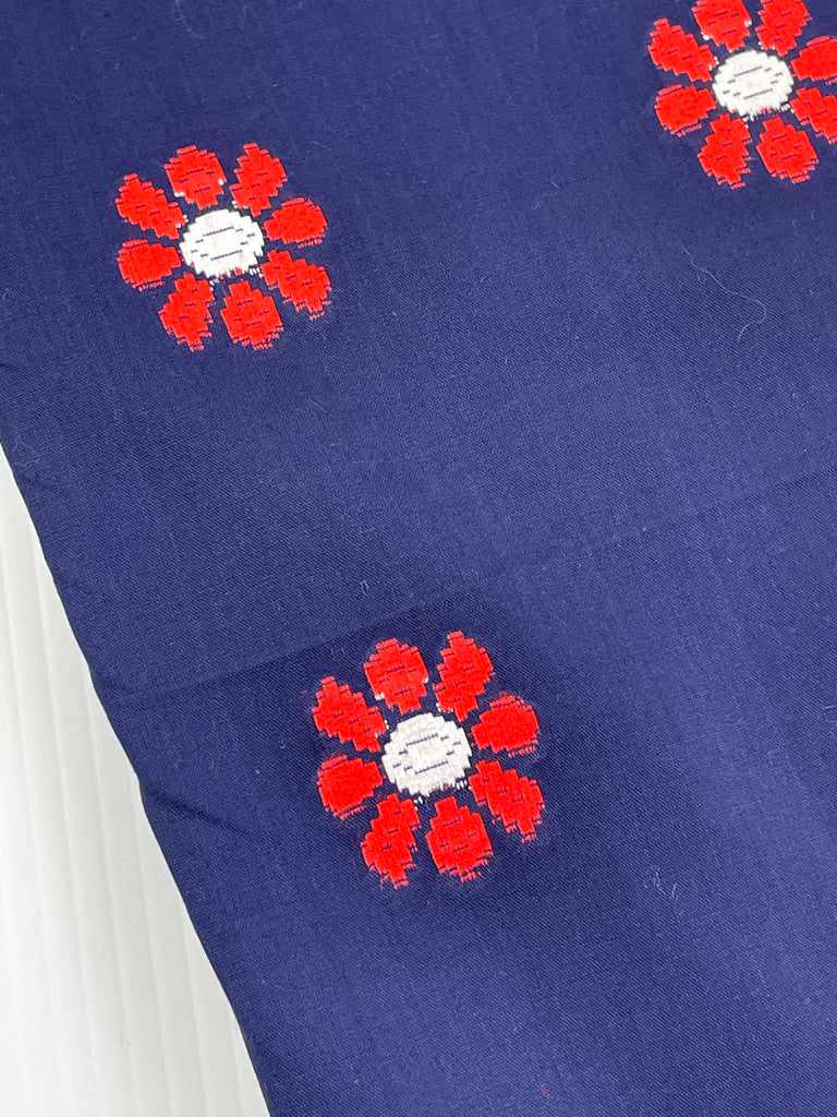 LAST 1/2m: Vintage Fabric Mod 60s 70s Woven Red Daisies on Navy Blue Cotton